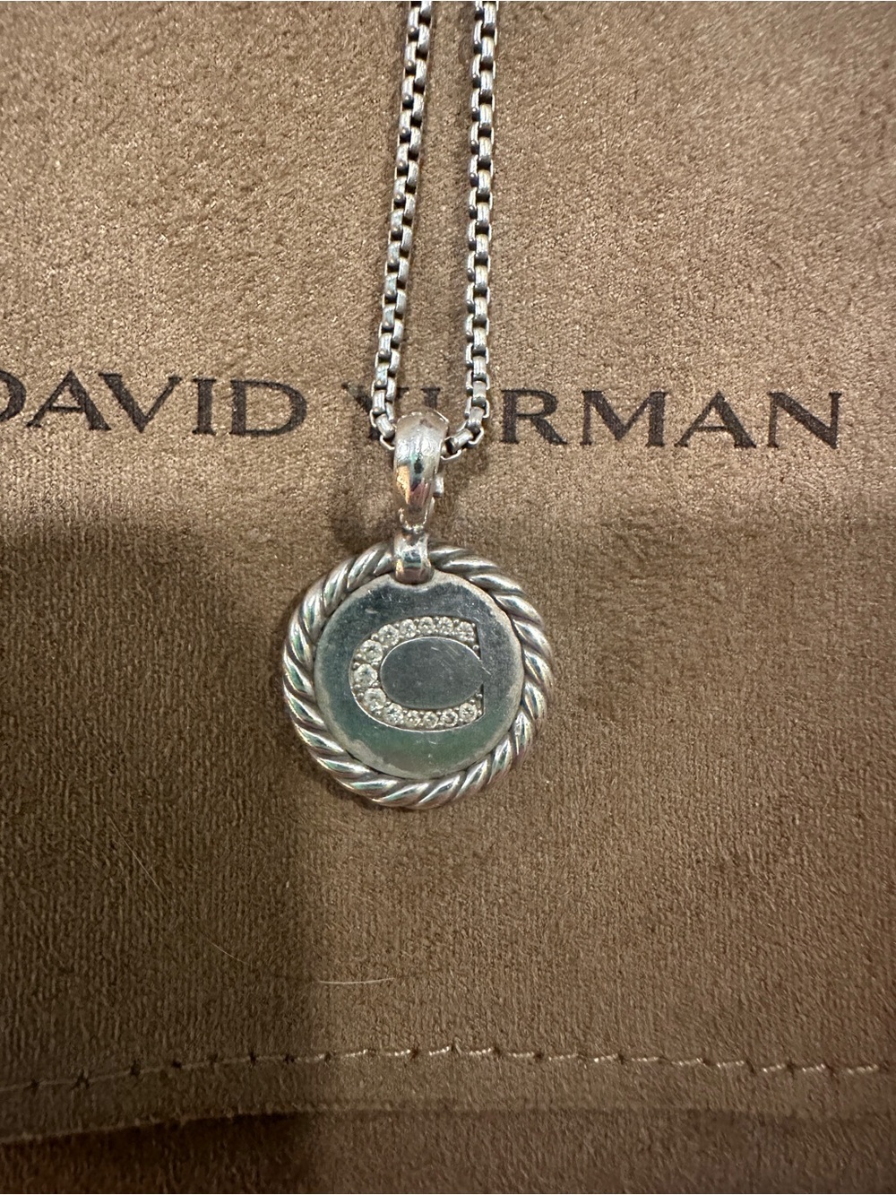 David Yurman Silver Initial 'C' Pendant with Pavé Accents